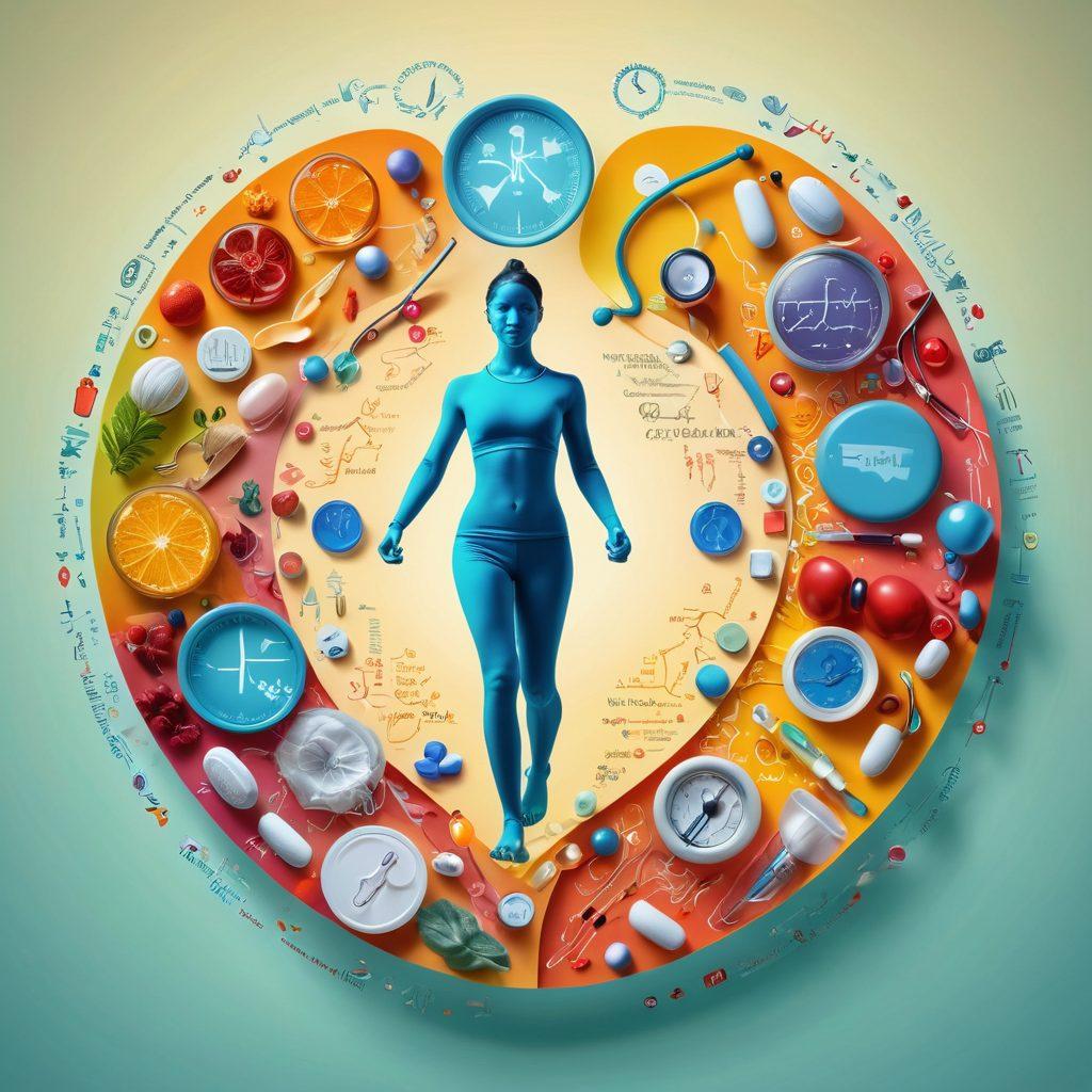 A vibrant collage of medical symbols like stethoscopes, pills, and heartbeats, intertwined with digital graphs showcasing trends. The background features silhouettes of diverse people engaged in various health activities like jogging, yoga, and cooking healthy meals. Bright colors are used to convey energy and positivity, symbolizing a healthy lifestyle. Dynamic text overlays of recent health news headlines float around the scene. super-realistic. vibrant colors. 3D.