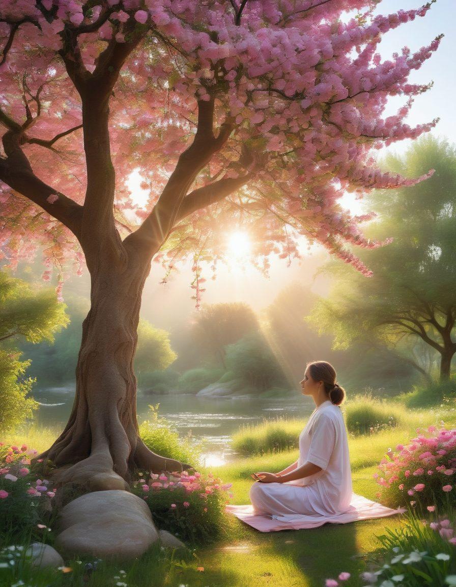A serene landscape featuring a person meditating under a blossoming tree, surrounded by symbols of health like fruits, herbs, and wellness books. Soft sunlight filtering through the branches symbolizes hope and growth. Include elements of nature such as flowing water and colorful flowers to enhance tranquility. The overall atmosphere should evoke a sense of peace and vitality. super-realistic. vibrant colors.