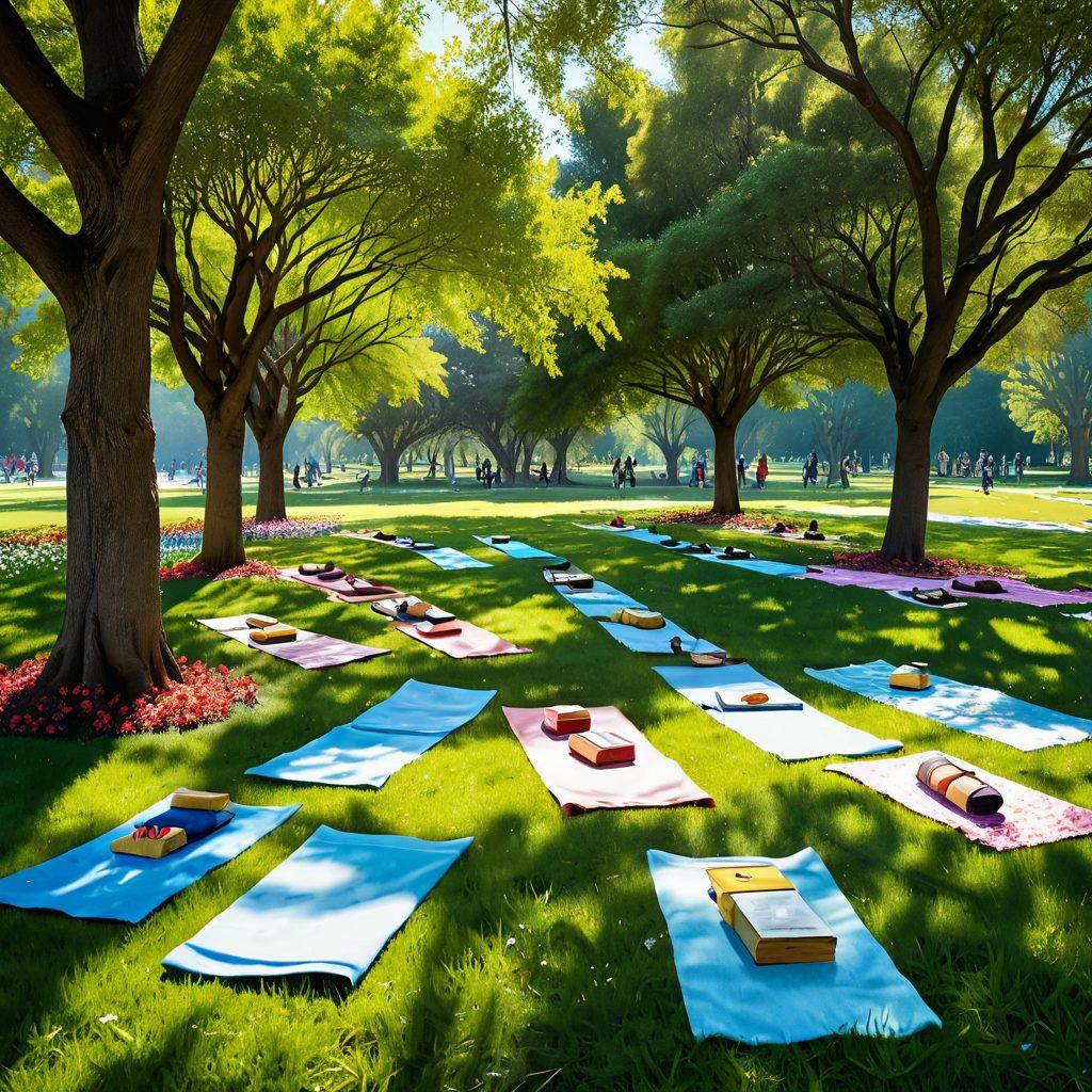 A serene nature scene depicting a diverse group of people practicing yoga in a lush green park, surrounded by vibrant flowers and tall trees. A clear blue sky overhead with soft sunlight filtering through the leaves, creating a warm, inviting atmosphere. Include subtle elements like a picnic basket with healthy snacks and open books scattered around, symbolizing knowledge and well-being. super-realistic. vibrant colors. peaceful ambiance.